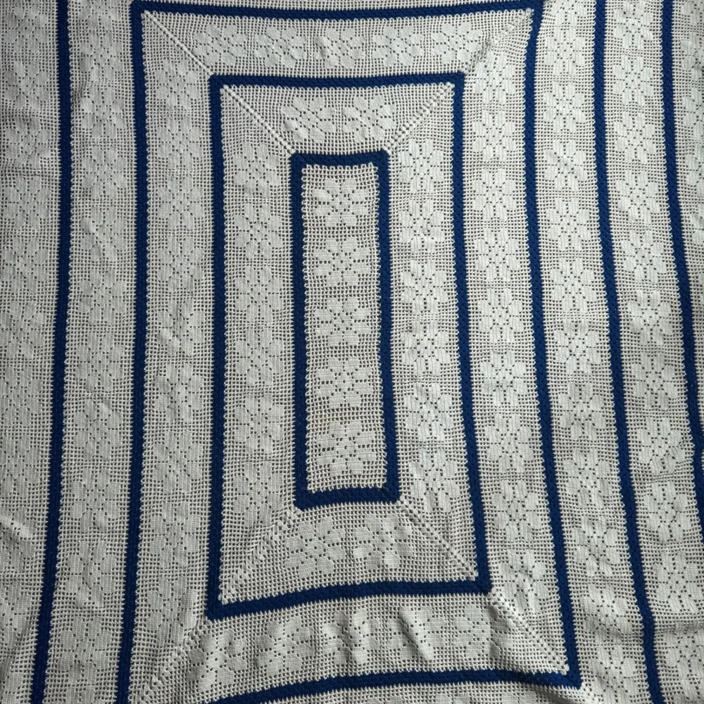Handmade Filet Crochet Bedspread Twin Blue White Excellent Cottagecore